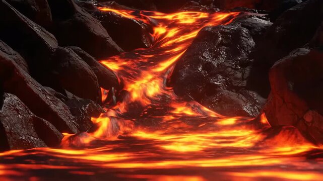 60 FPS Molten lava stream surging between dark basalt rocks with glowing ripples and eddies