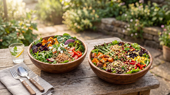 Two elegant wooden bowls of colorful fresh salad with greens roasted vegetables and grains on a wooden table sitting out in the sunshine