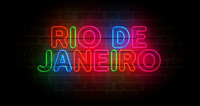 Rio de Janeiro Brazil neon symbol on brick wall. Brazilian samba carnival light color bulbs. Loopable and seamless abstract concept animation.