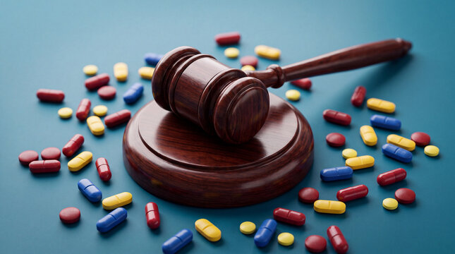 A wooden judge's gavel resting on a sound block surrounded by various colorful medical pills and capsules on a blue surface, representing healthcare law.