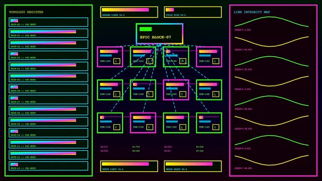 A digital agile backlog display shown across three glowing monitor panels featuring repeating nodal structures and fluctuating data streams for complex system management and information flow