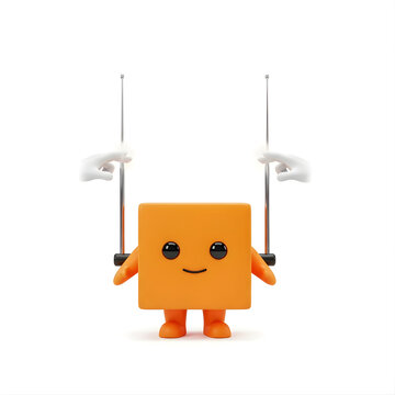 A cute 3D orange square character with a smiling face playing a theremin electronic musical instrument with floating white gloved hands, isolated on a white background.