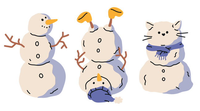 Collection of unusual funny snowmen including a kawaii cat snowman, an upside down snowman and a classic snowman. Playful flat cartoon doodle vector sticker characters for winter and Christmas designs
