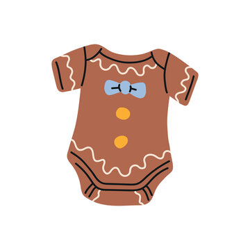 Cute gingerbread man inspired baby bodysuit costume for Christmas, with festive cookie details and playful decoration. Flat cartoon doodle vector sticker illustration.