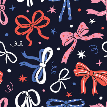 Seamless Christmas bow pattern with decorative hand drawn bows, stars and decorative doodles on a dark background. Flat vector design for wrapping paper, textiles and holiday stationery.