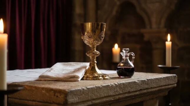 Ornate golden chalice with wine cruet and embroidered altar cloth on stone altar with burning candles. Communion elements in dim stone church interior. Eucharist and mass worship concept.