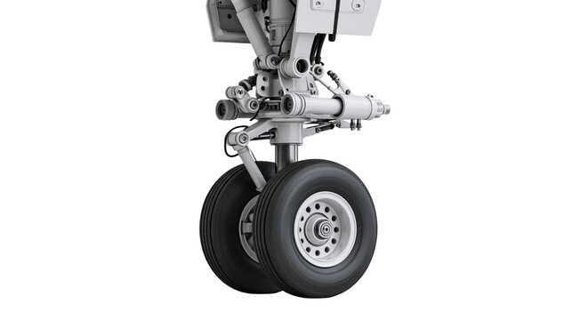 Airplane landing gear with dual wheels and hydraulic struts isolated on white background