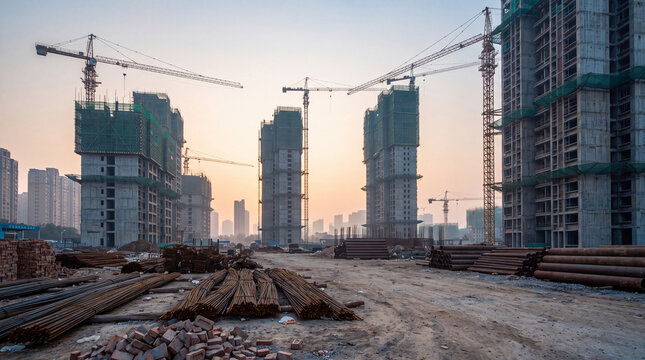 A wide view of a modern construction site with unfinished high-rise apartment buildings, heavy cranes, and piles of construction materials during a hazy sunset.
