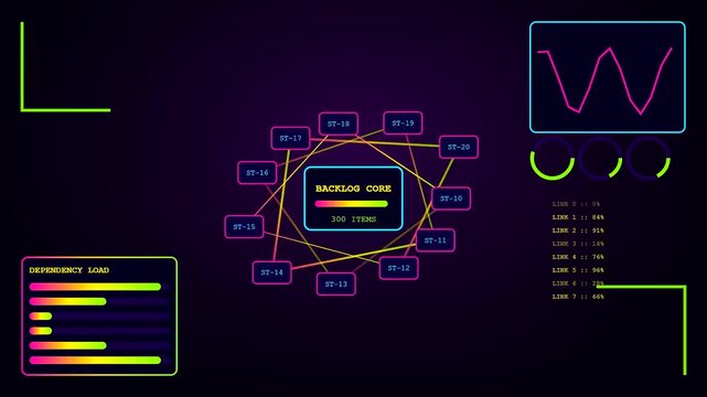 A glowing digital agile backlog visualization displaying complex data networks with neon nodes and statistical charts on a dark interface for modern corporate analytic monitoring