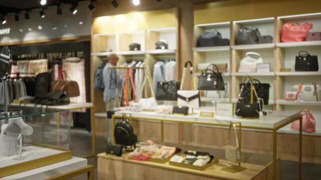 Blurred interior of a boutique shop with shallow bokeh on displays and shelving; backdrop copyspace calm.