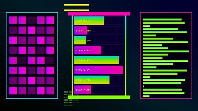 An agile backlog display shows vibrant pink and green bars glowing on a dark screen to track complex progress in a digital software dashboard interface