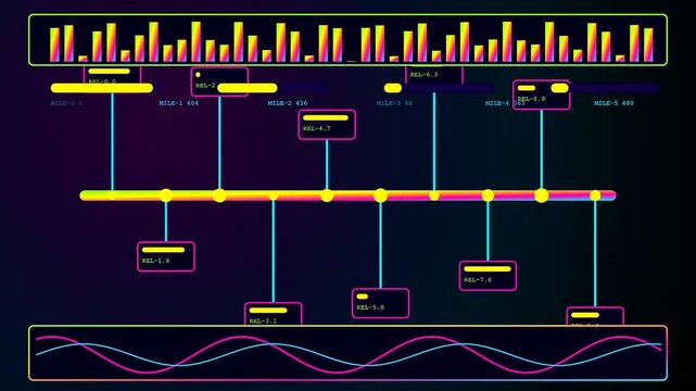 a colorful agile backlog interface features shifting bar charts with interconnected nodes and glowing wave patterns displayed on a dark virtual monitor in a modern studio