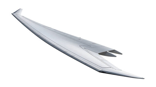 Futuristic silver aircraft wing model isolated on a clean white background