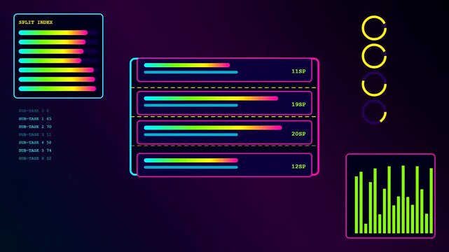Digital project tracking with an agile backlog shown on glowing neon screen interfaces to display progress metrics in a dark virtual monitoring software work environment