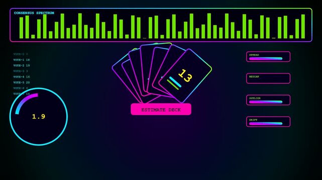 An agile backlog interface displays card estimation sequences across three distinct panels with neon illuminated metrics and vibrant color gradients for team planning project management sessions