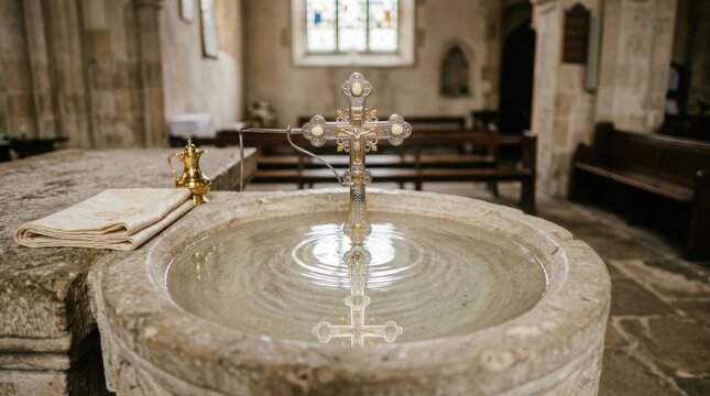 Ornate silver crucifix standing in water of stone baptismal font in old church. Golden ewer and embroidered cloth beside font. Baptism ceremony and Christian sacrament.