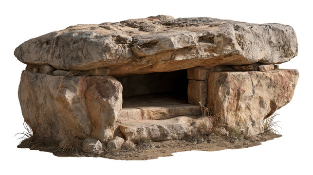 Ancient megalithic tomb dolmen structure isolated on white background cut out