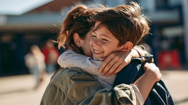 Young mother hugs son after his first day at school in joyful reunion outside the school building Generative AI
