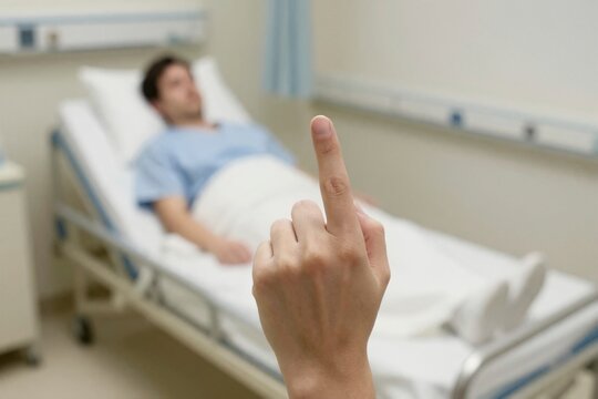 Neurological examination in clinical hospital ward, physician evaluating cognitive awareness and pupil tracking of bedridden patient on medical bed, foreground hand with raised pointing finger performing vision tracking and reflex stimulation, blurred male inpatient resting under white clinical sheets, sterile healthcare environment with wall mounted medical panel units, conceptual manifestation of post anesthesia recovery, diagnostic evaluation of cerebral functioning and brain trauma responsiveness, interplay between fragile somatic states and active clinical surveillance, diagnostic neurology in acute intensive care medicine, critical juncture of somatic healing and clinical vigilance, emergency medicine diagnostic monitoring, profound silence of infirmary convalescence, delicate transition between unconsciousness and cognitive recovery, AI-generated, AI generated