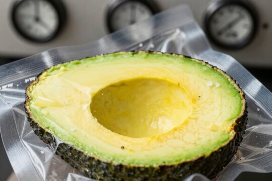 Vacuum sealed fresh avocado half in industrial plastic film showcases modified atmosphere packaging and food preservation technology, preventing enzymatic browning through oxygen elimination, stainless steel machinery featuring analog pressure gauges and vacuum measurement dials operates in the background, culinary science merges with mechanical manufacturing to extend produce shelf life, translucent polymeric barrier film tightly hugs the ripe green flesh and textured dark pericarp skin, precision pressure gauges highlight technical thermodynamics and sterile atmospheric manipulation in post harvest agrotechnology, thermodynamic principles control moisture retention and nutrient preservation in modern supply chains, sous vide gastronomy meets industrial processing standards, sustainable logistics and loss prevention strategies optimize high value fruit transportation across global distribution networks, technical control of oxidation as an applied method for sustainable perishable goods commerce, AI-generated, AI generated