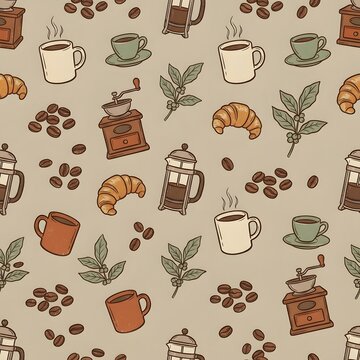 Delicious Coffee Break Seamless Pattern Featuring Beans, Croissants, and Brewing Equipment for a Cozy Morning