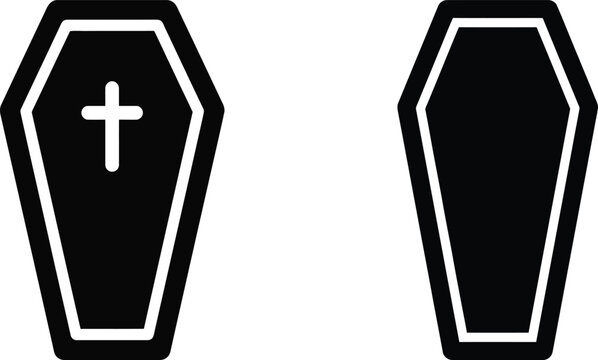 Two black coffins one with a cross isolated on a white background