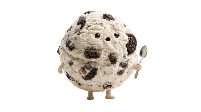 Cookies and cream ice cream scoop character holding a small spoon on white background