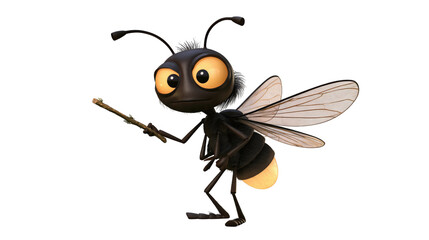 Fototapeta premium Cute cartoon firefly character holding a small twig with glowing abdomen against white background