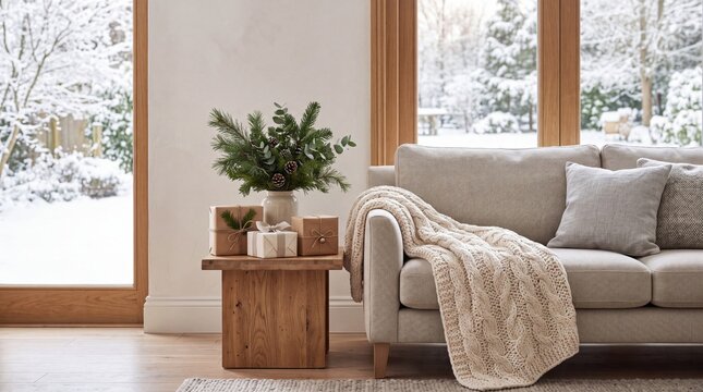Cozy living room interior featuring a comfortable sofa with a soft throw blanket beside a wooden side table with winter greenery