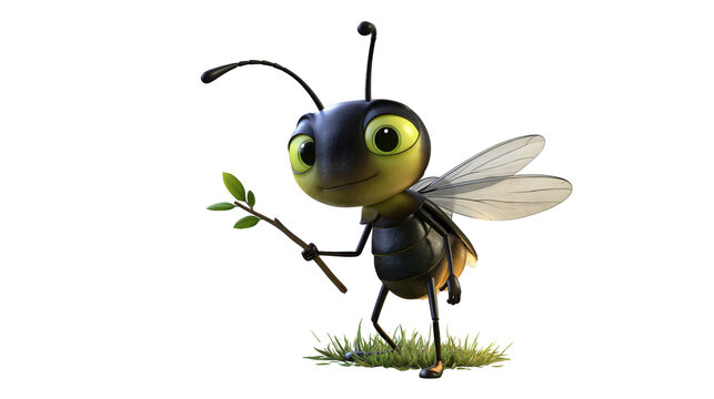 Little cartoon ant character holding a small twig standing on green grass isolated