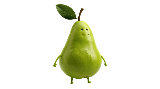 Green pear character with a friendly face and tiny arms standing on white background
