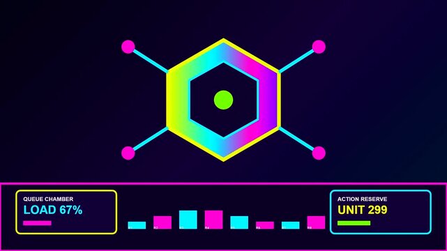 An autonomous workflow status panel displays changing load percentages and numeric unit tallies inside a neon graphical user interface with vibrant circular nodes and shifting geometry
