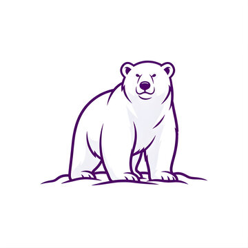 Stylized vector illustration of a majestic polar bear standing on a snowy ground, featuring bold purple outlines and minimal shading, isolated on white background for design.