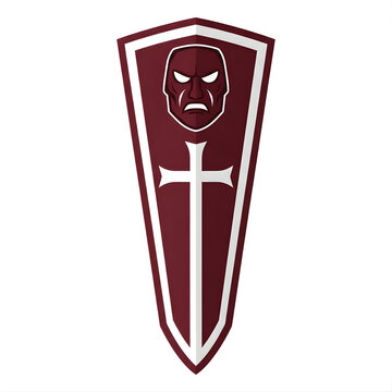 Medieval kite shield vector with maroon color, featuring a white cross and a stylized angry warrior mask icon on a white background for gaming or heraldic design.