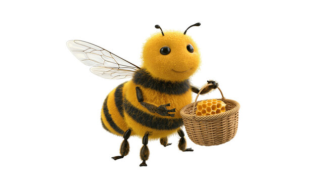 Cute cartoon honey bee character carrying small woven basket filled with honeycomb isolated on white