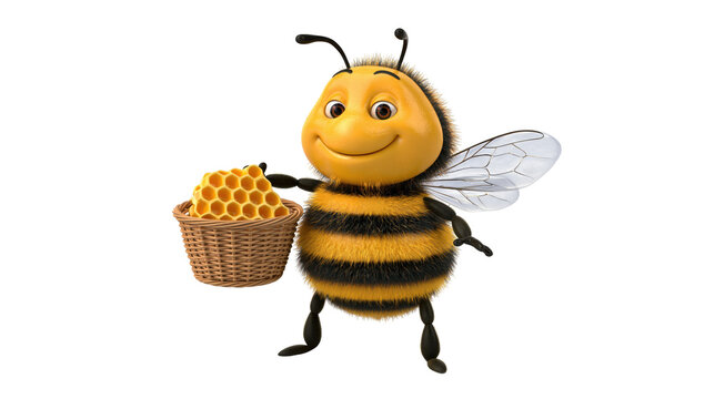 Cute cartoon honey bee character holding a small basket filled with honeycomb