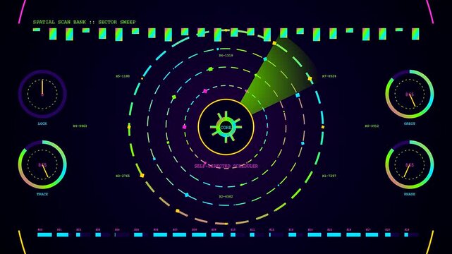 Digital displays showing an autonomous workflow during a sector scan featuring glowing circular interfaces rotating beams and pulsing neon radar metrics in a dark virtual environment