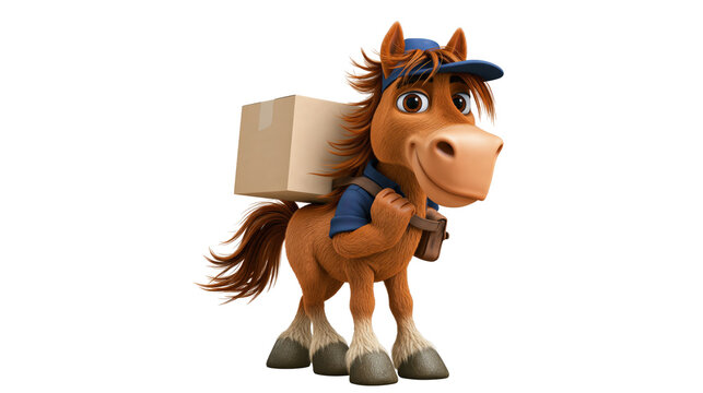 Funny cartoon horse delivering packages wearing delivery uniform and cap carrying boxes