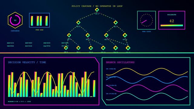 An autonomous workflow interface showing a three panel display with flowing vibrant digital lines and geometric decision tree patterns for complex data monitoring and system processing
