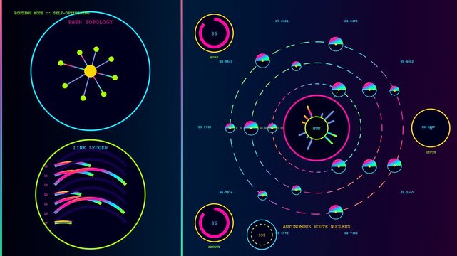 An intricate autonomous workflow diagram displays shifting nodes and digital connections within a glowing interface captured in real time showing vibrant lines and circular orbit structures