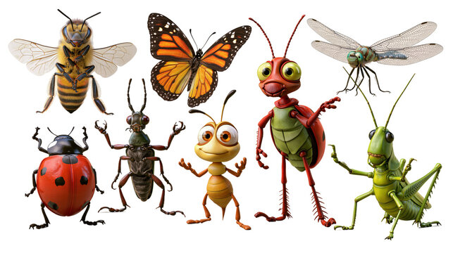 Various colorful cartoon insects and bugs standing together on a clean white background
