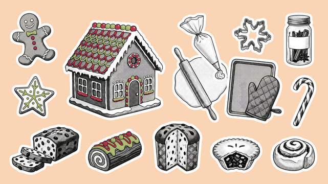 Christmas baking vector sticker set with gingerbread house rolling pin piping bag candy cane and yule log in peach style