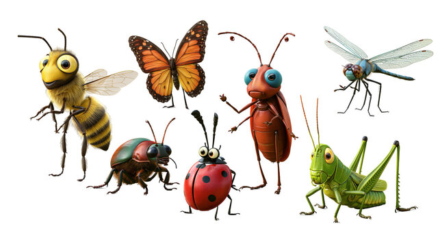 Various cartoon insects and bugs collection featuring a bee butterfly ladybug and grasshopper
