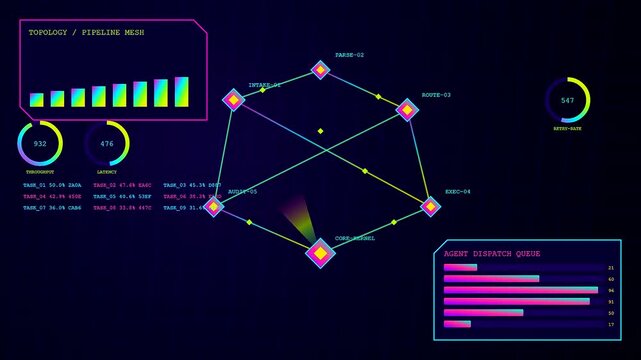 Digital autonomous workflow visualization displays evolving data nodes with glowing neon line charts and shifting statistical metrics presented on a dark blue glowing virtual interface screen