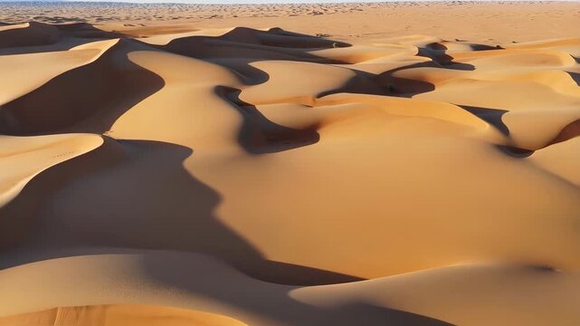 60 FPS aerial glide over wind sculpted desert sand dunes with long shadows at golden hour