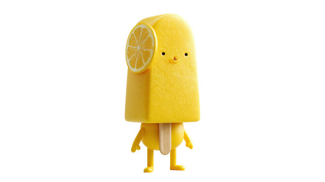 Yellow popsicle character with cute face and citrus slice standing isolated on white