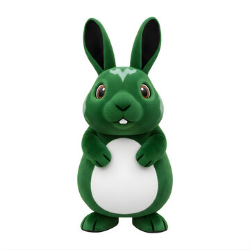 Factual 3D rendering of a green stylized rabbit character with a white chest, standing upright with large ears and brown eyes, isolated on a white background for commercial use.