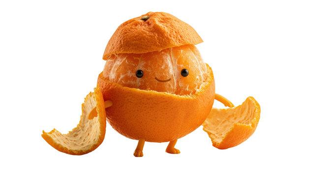 Cute peeled mandarin orange character standing isolated against a clean white background