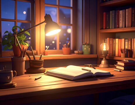 Cozy wooden desk illuminated by a warm lamp, with an open book and art supplies, offering a peaceful ambiance for creativity and study