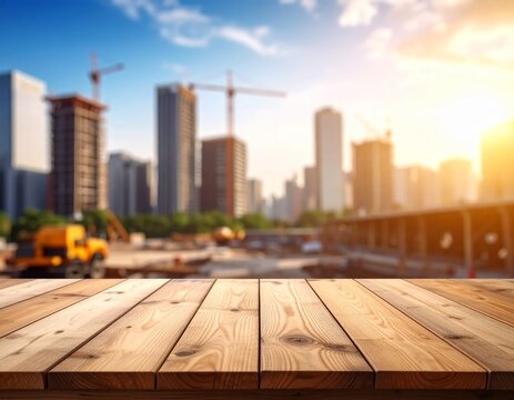 Empty Wooden Table Surface with Blurred Urban Construction Site and City Skyline at Sunrise Background